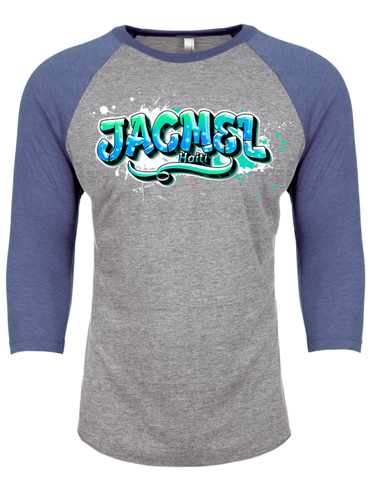 Jacmel, Haiti. Unisex CVC Three-Quarter Sleeve Raglan Baseball T-Shirt