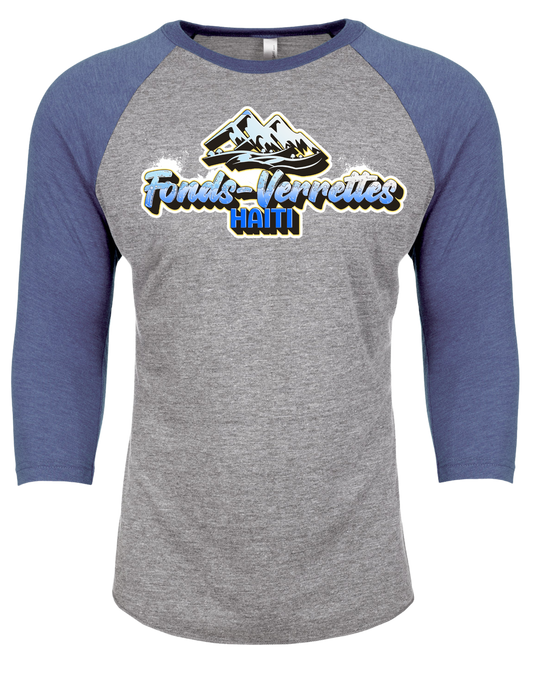 Fonds-Verrettes, Haiti. Unisex CVC Three-Quarter Sleeve Raglan Baseball T-Shirt.